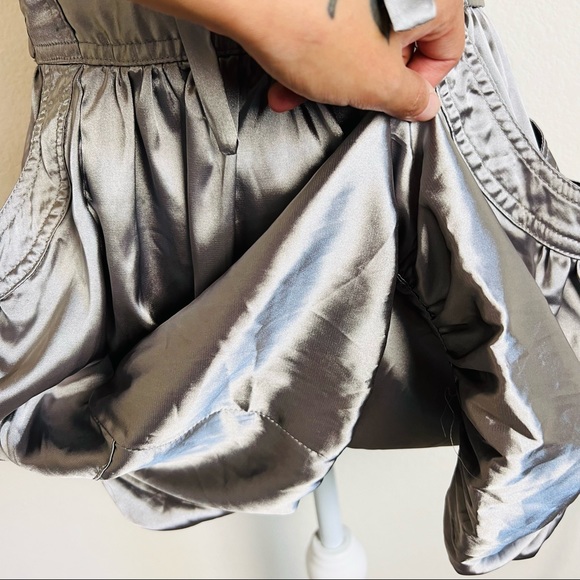 Y2K Silver Satin V-Neck Neck Tie Short Sleeve Bubble Mini Dress - Picture 14 of 16